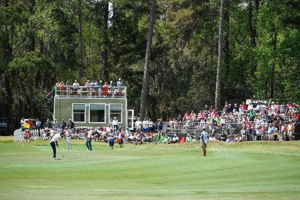 Golfers play a round while fans watch in the gallery at the Club Car Golf Championship.