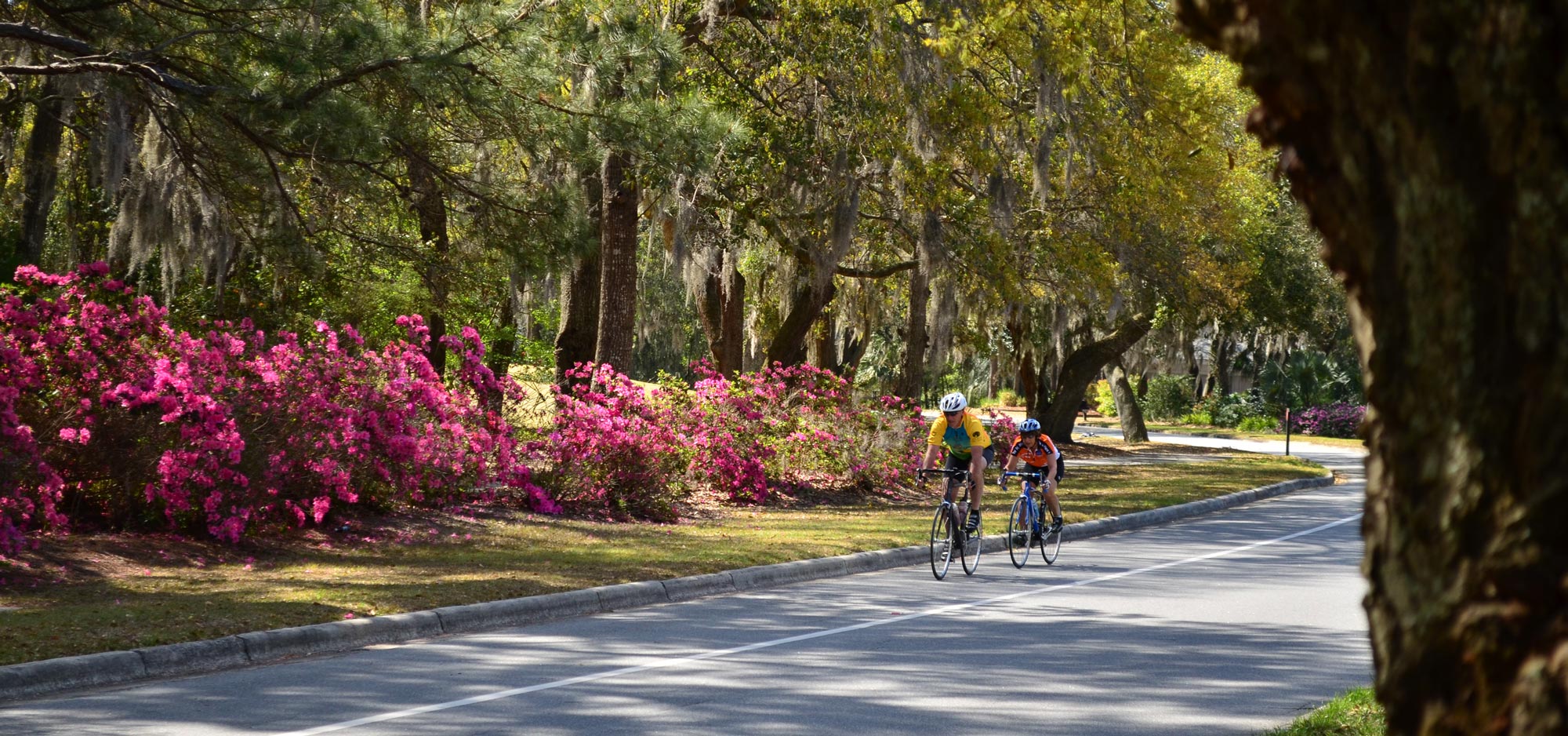 A couple rides bicycles through beautiful scenic landscape at The Landings