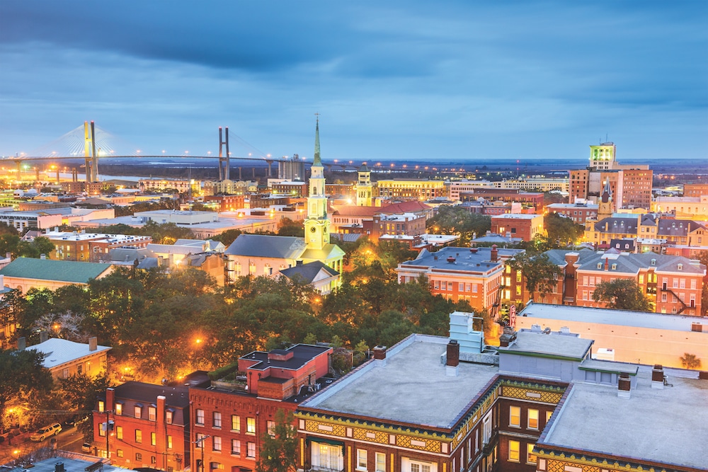 Bird's eye view of downtown Savannah, Georgia, where many active adults choose to retire.