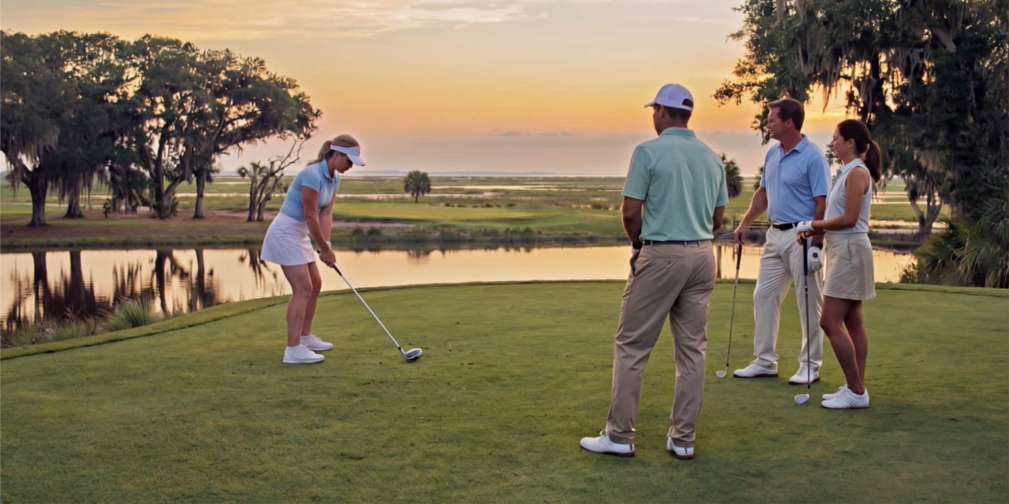 A lady prepares to take her tee shot overlooking a beautiful lagoon while her partner and another couple looks on