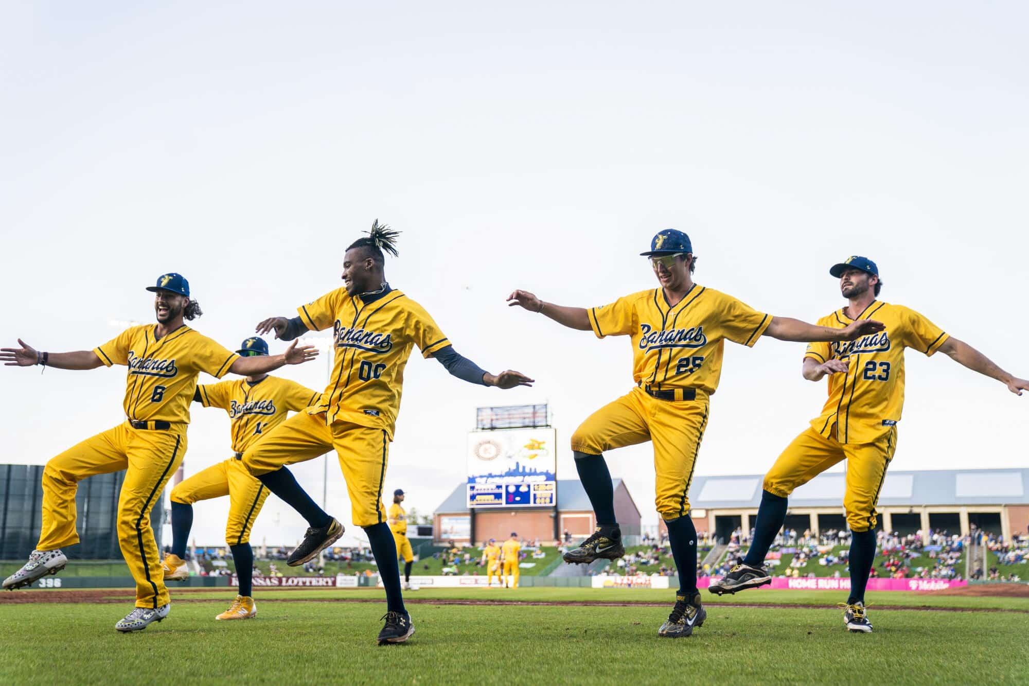 The Savannah Bananas baseball team doing a funny dance on the field